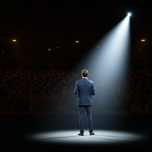 Speaker on a dimly lit stage